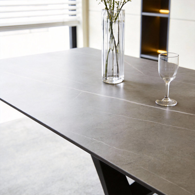 Rectangular Grey Sintered Stone Table, Black Carbon Steel X-Frame Legs, Contemporary Style Fast Dispatch From UK Warehouse – Dispatched Within 2 Days