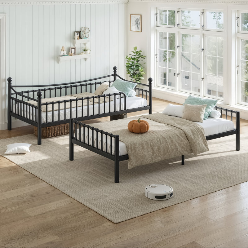 Lits jumeaux XL en métal avec barrière de sécurité incurvée, style industriel moderne, gain de place pour la maison familiale