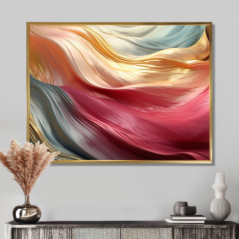 Liquide ruisseaux rose or bleu - vagues art mural salon, Toile avec cadre flottant noir, H 12 po x l 20 po x P 1 po