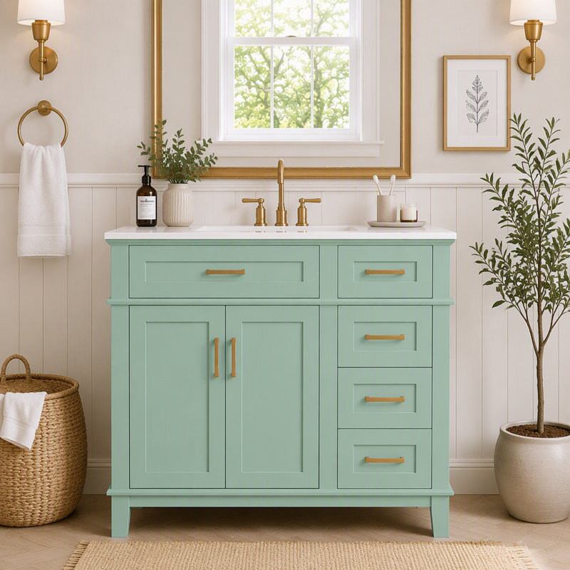 Meuble-lavabo de salle de bain de 36 pouces (91 cm) avec 4 tiroirs de rangement et porte à fermeture en douceur, Vert clair
