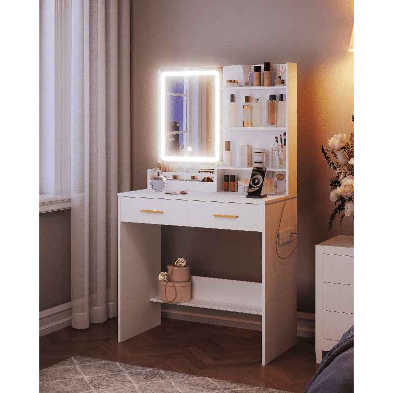 Dressing Table with LED Light, 2 Sockets and 2 USB Ports Dressing Table with 2 Drawers and 4 Open Shelves, Storage Organiser Compartment, Suitable for Bedroom, Living room, White 