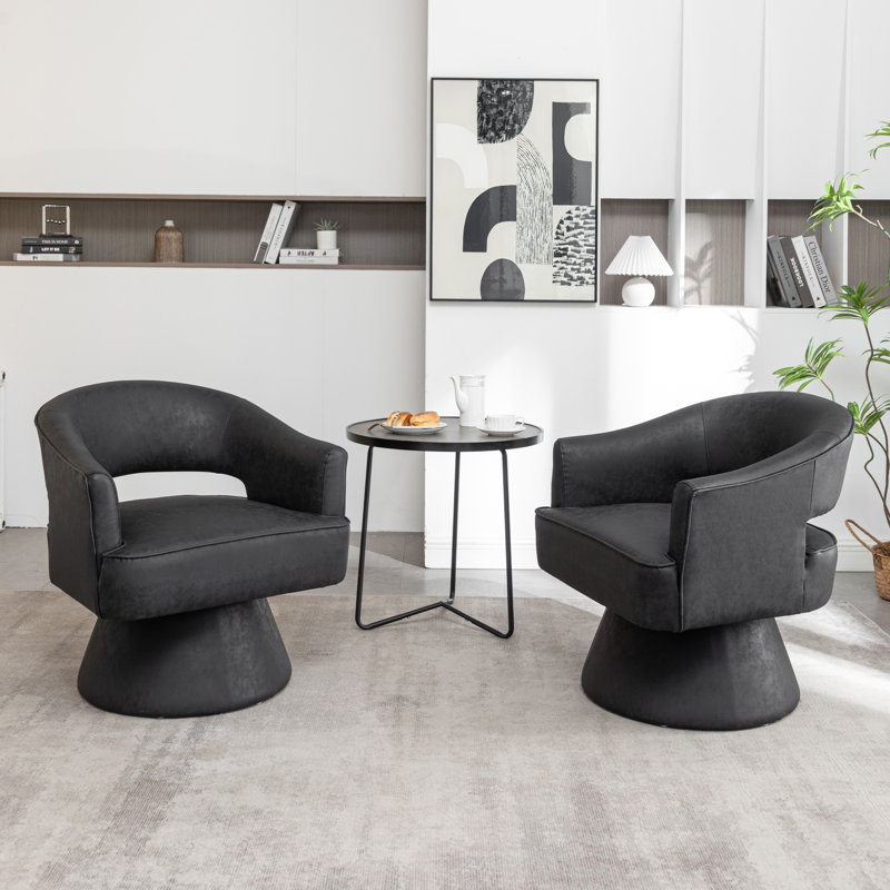 Kiersten Faux Leather Swivel Barrel Chair, Black Faux Leather, 2