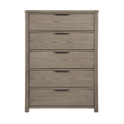 Commode contemporaine à 5 tiroirs à queue d'aronde contemporaine gris clair, fabrication en bois durable pour une organisation efficace de la chambre à coucher