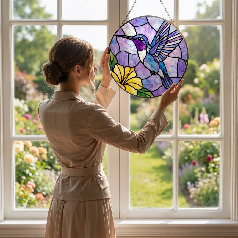 Panneau de vitrail 12 "Hummingbird Flower, H 12 po x l 12 po