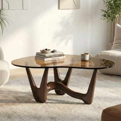43" Abstract Triangle Glass Coffee Table with Sculptural Black Walnut Base