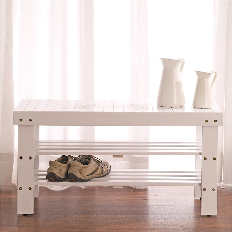 White Solid Wood Shoe Bench With Shelf - Robust And Handy Furniture , Simple Assembly, White