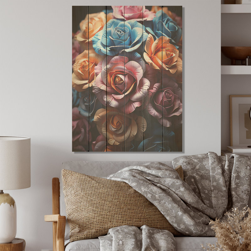 Abstrait roses éclatées - Roses, art sur bois de pin naturel, H 40 po x l 30 po