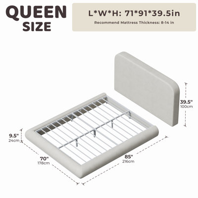 Base de lit tapissier grand lit avec tête de lit courbée en chenille, panneaux arqués en mousse entièrement rembourrés, support en métal robuste, aucun sommier tapissier requis, beige