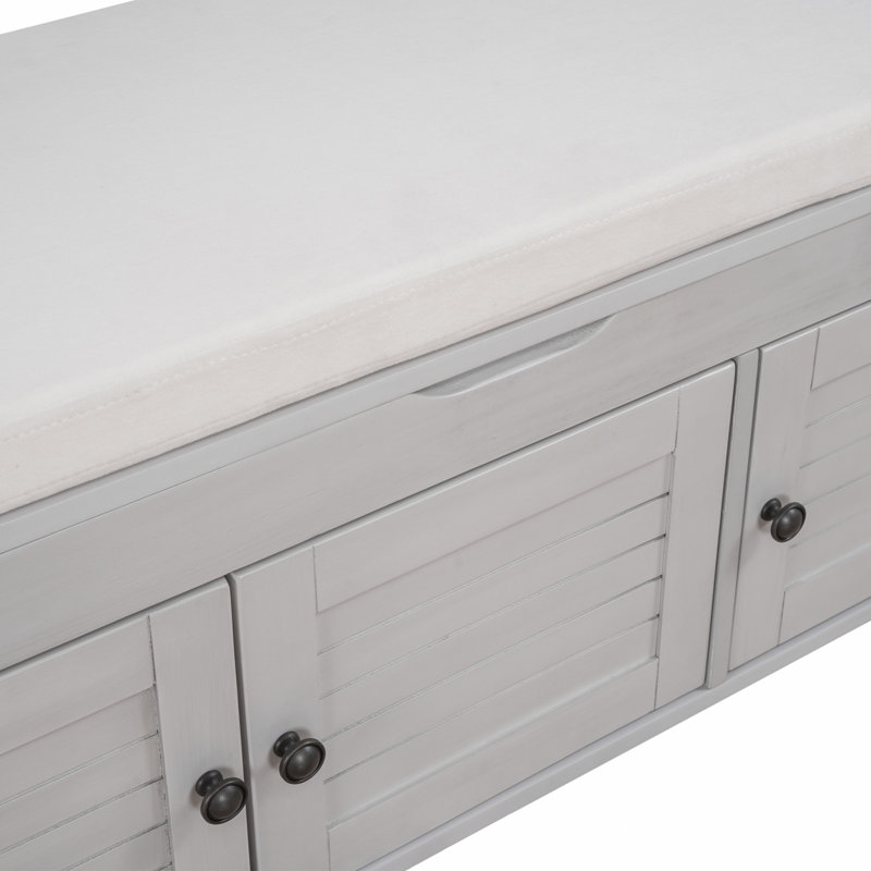 Banc de rangement avec 3 portes en forme de volet, banc à chaussures avec coussin amovible et espace de rangement caché