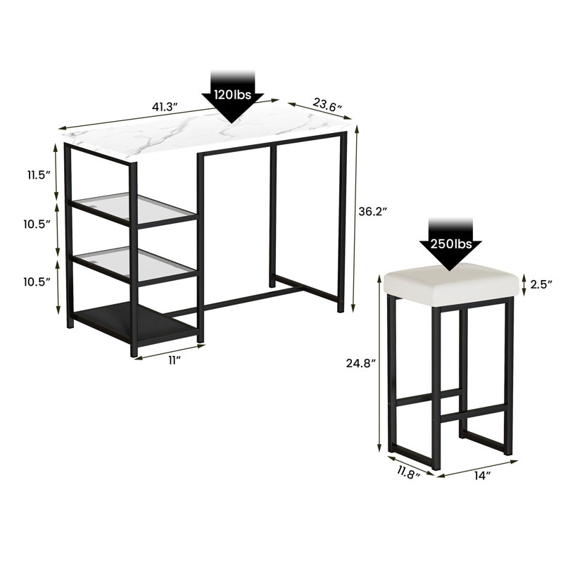 Dining Table Set for 2, Kitchen Island Bar Table Set with Storage, Faux Marble Table and 2 Stools