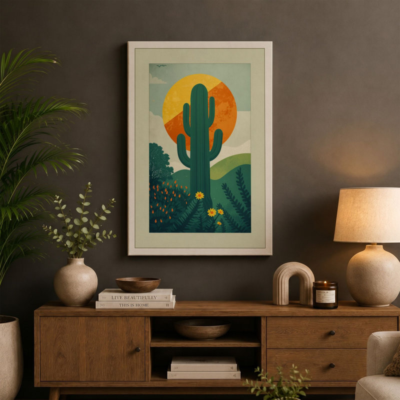 Desert Saguaro at Sunset Botanical - Wrapped Canvas, 18x12 - 45.7 x 30.5 cm, White Border