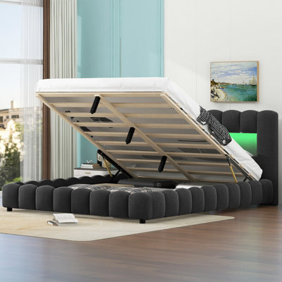 Queen Size Upholstered Platform Bed With LED Headboard, Grey