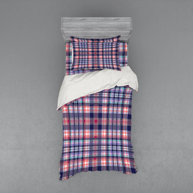 Ensemble de housse de couette à carreaux en microfibre bleu marine / rose, Housse de couette simple TG + 2 articles suppléme