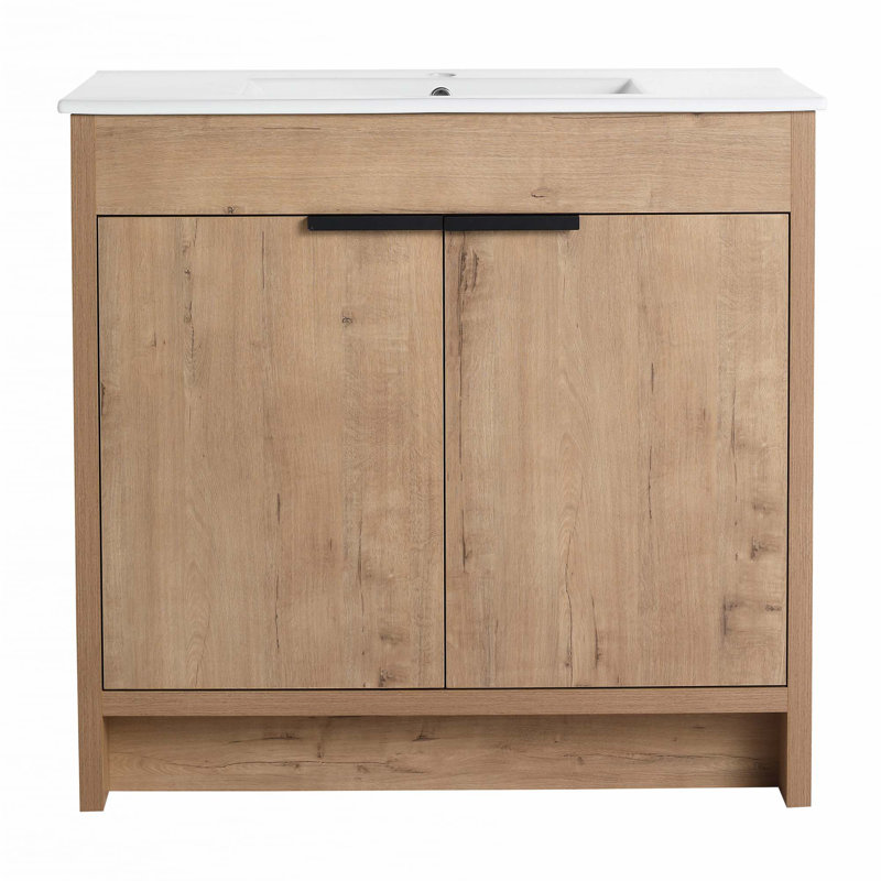 Meuble-lavabo autoportant avec lavabo en céramique, Chêne, Blanc, 36"