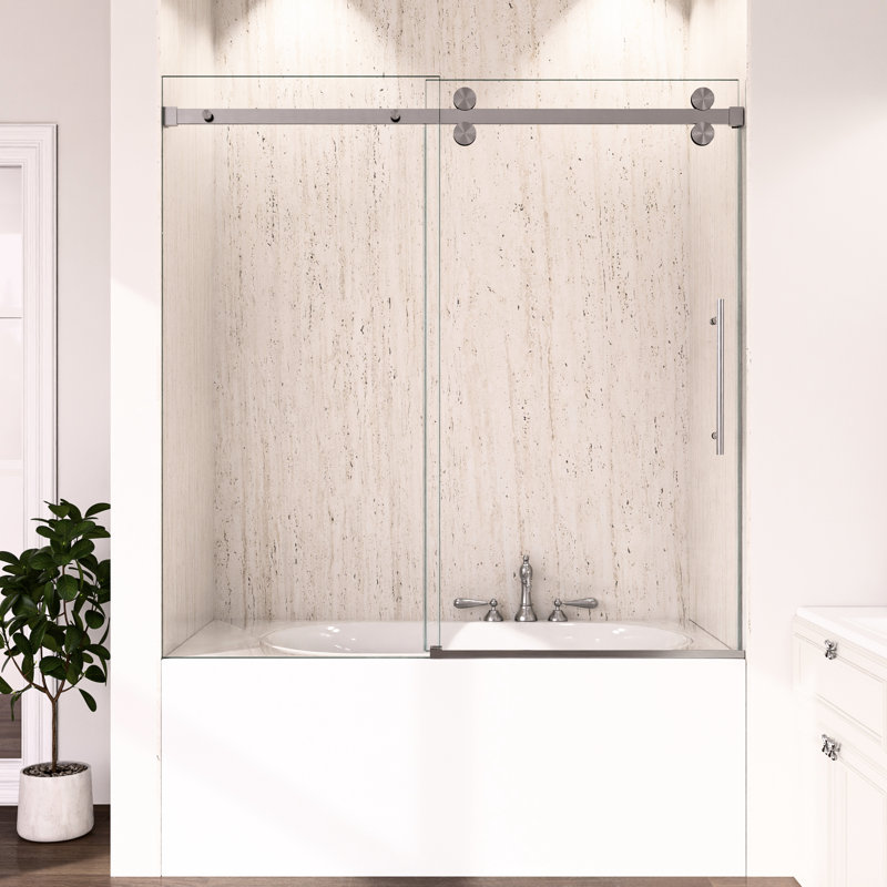 Enceinte de porte de douche de 56 à 60 po x H 60 po, verre trempé de 8 mm de 5/16 po, nickel brossé conçu pour les petits espaces, fonctionnement doux et silencieux, collision, fonction de barre à serviettes, rapide