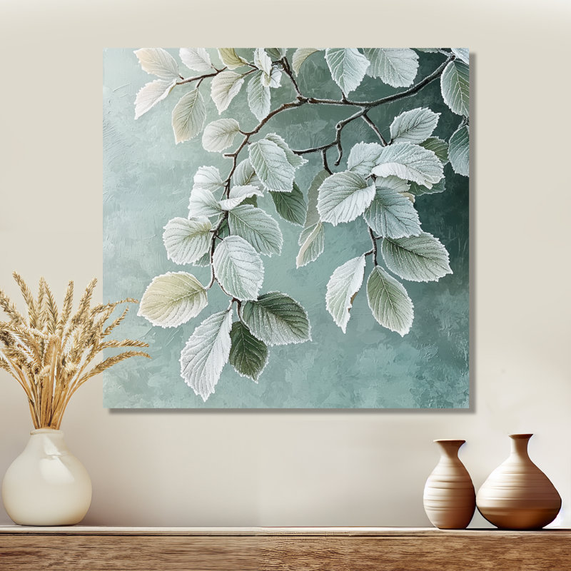 Frosted Leaves I - feuilles, art mural, H 16 po x l 16 po, Toile tendue, Ne s’applique pas