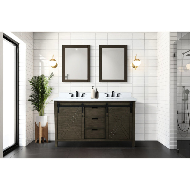 60 po Large, brun rustique, meuble-lavabo double, tiroirs à fermeture douce, deux armoires, trois tablettes d'armoire ouvertes, structure en bois massif, contreplaqué E0, pré-assemblé, meuble-lavabo brun à installation rapide avec fermeture