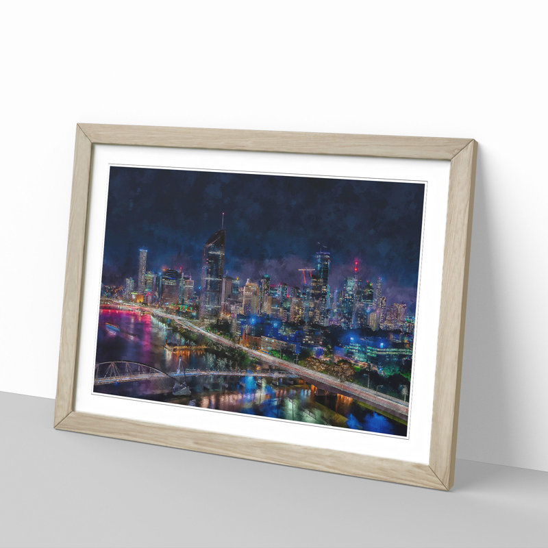 Brisbane City Skyline Australia Painting - Single Picture Frame Print on MDF, 62cm H x 87cm W x 2cm D, Oak