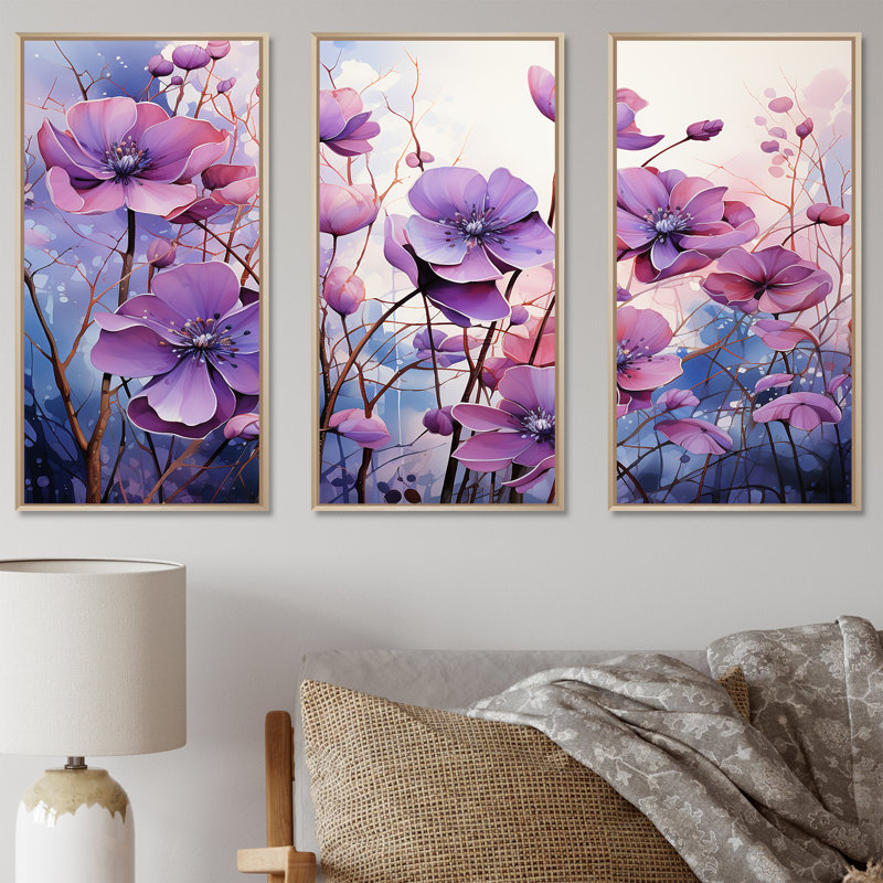 «Sureal Enchantment I - Violets», ensemble d'art mural, H 40 po x l 60 po x P 1 po, Cadre naturel flottant
