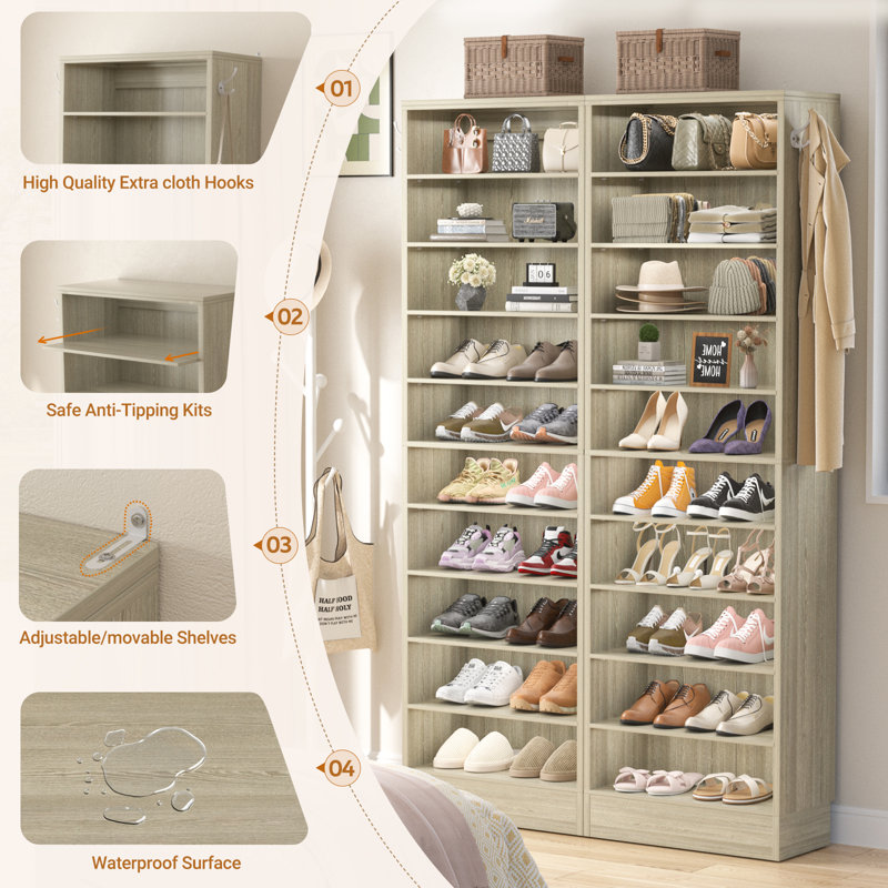 Armoire à chaussures haute, étagère à chaussures en bois 10 niveaux, Chêne blanc