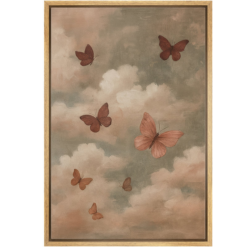 «Butterflies in Soft Cloudy Sky Neutral Dreamy Nature Art», reproduction d'art sur toile encadrée dans la chambre principale