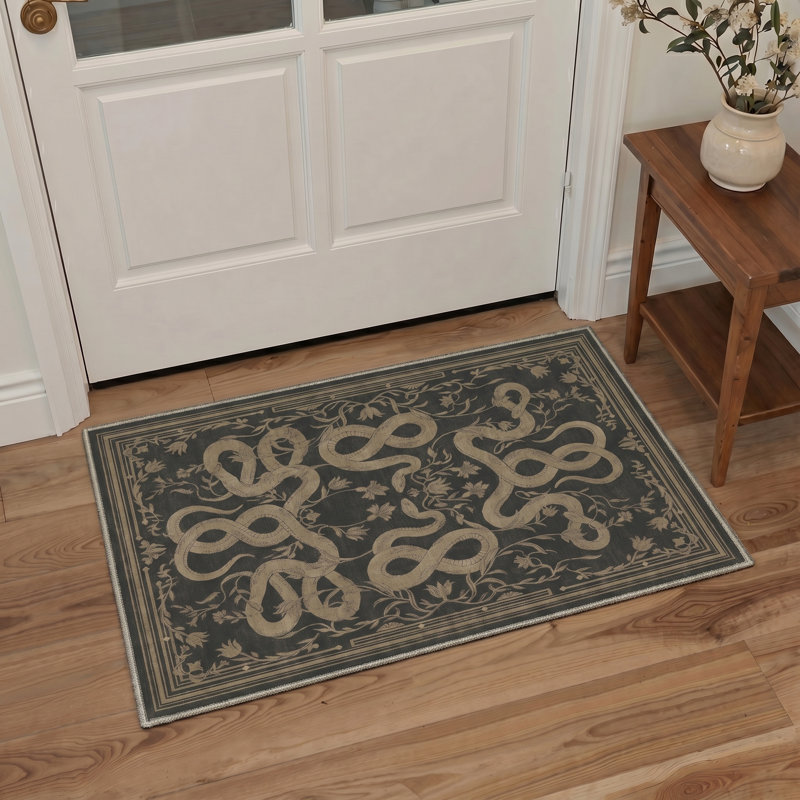Abrahamson Serpenti Geometric Machine Washable Brown / Beige Indoor Area Rug with Non-Slip Backing, Round 5'