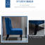 Structure contemporaine à oreilles en lin bleu avec assise en bois stable et pieds