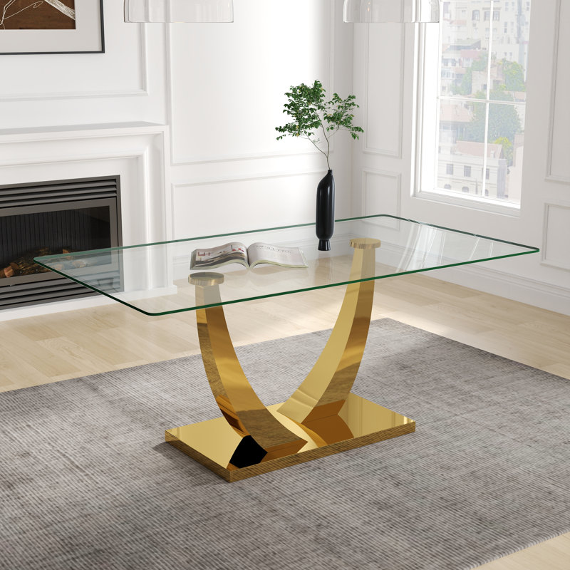 Table de salle à manger rectangulaire moderne en verre trempé avec piédestal en acier inoxydable, Gold