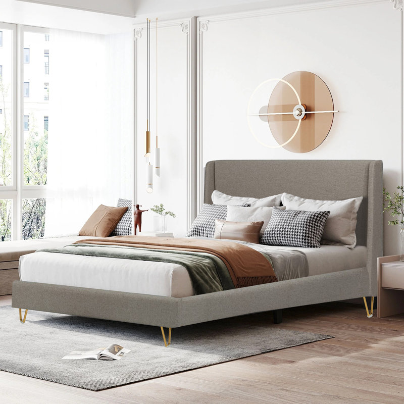 Upholstered Bed Frame With Angled Brass Legs, Easy To Assemble, Fabrics Headboard, Stylish, Comfy, Queen