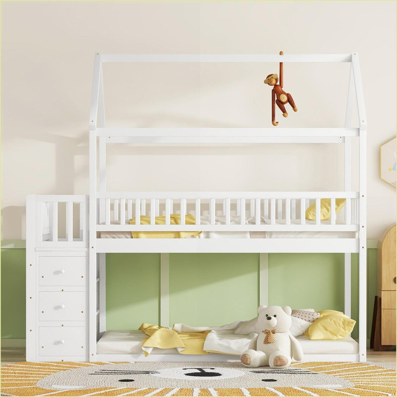 Lit simple / simple en bois de pin massif avec tablettes de rangement et tiroirs blanc, Blanc