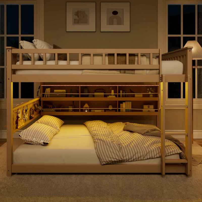 Lit superposé double au-dessus de double avec tablettes intégrées, lumières à changement de couleur et panneau perforé, beige