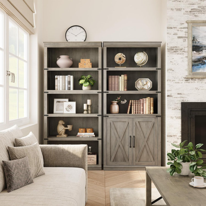 Bibliothèque à 5 niveaux avec rangement, bibliothèque de 68,7 po de hauteur, armoire de rangement en bois, Gris
