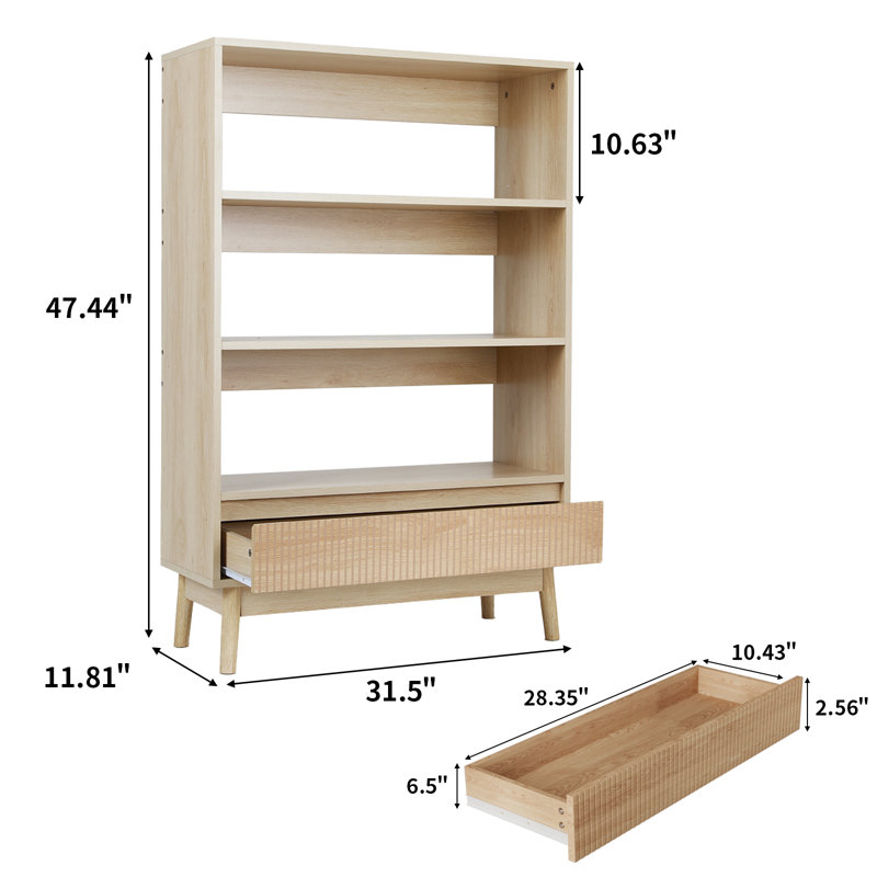 3 Tier Bookcase With Grooved Wooden Storage Drawer (3 Pcs), (3 Shelves) 47.6" H x 94.5" W x 11.8" D