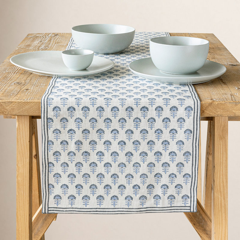 over&back Hand-Blocked Printed Cotton Table Runner, 18" W x 108" L, Blue Flower
