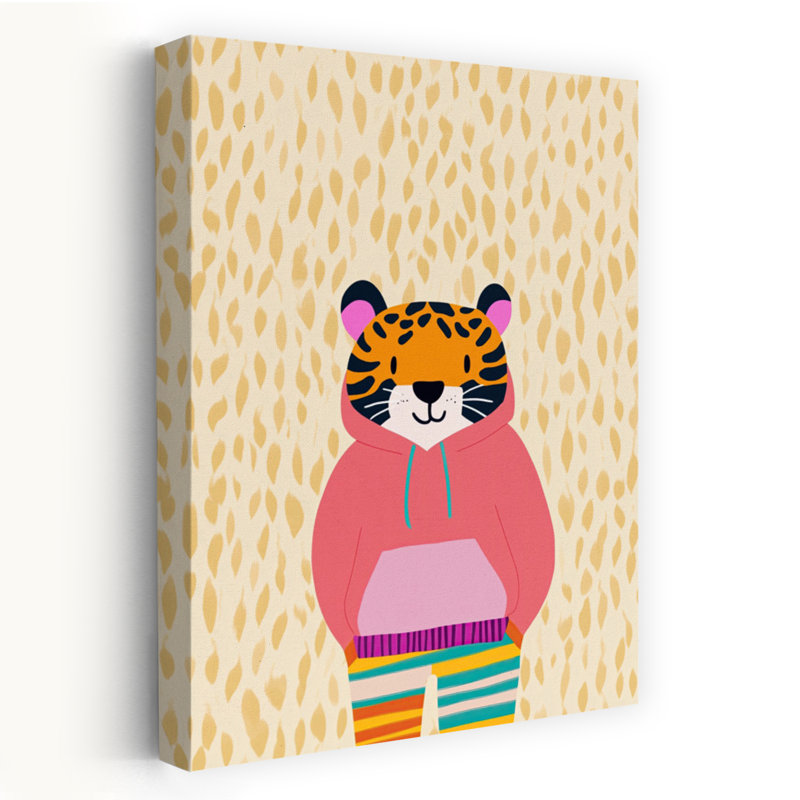 Cute Hoodie Tiger Playful Whimsical Contemporary Cat Tiger Wall Art Print by Mathieu - Wrapped Canvas Print