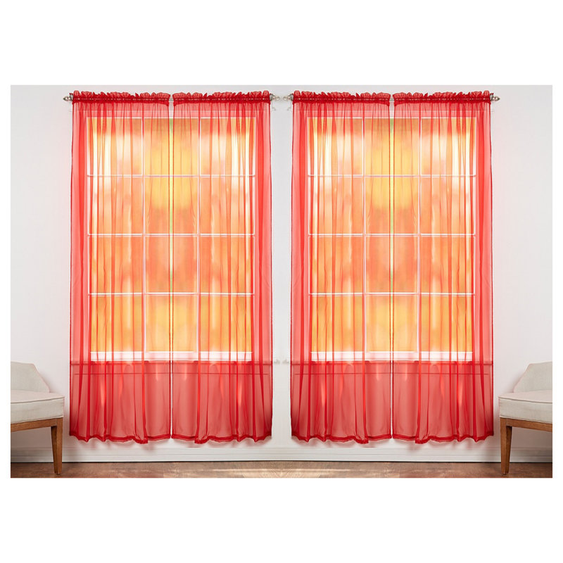 Panneaux de rideaux transparents de couleur unie avec passe-tringle, Rouge