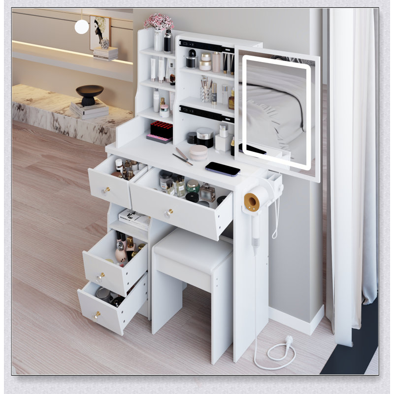 Compact Vanity Table With LED Mirror, Power Station, And Hair Dryer Bracket For Small Bedrooms And Limited Spaces