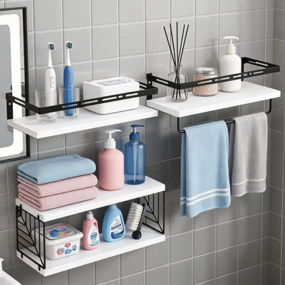 White Wooden Floating Bathroom Shelf In Rustic Style With Metal Frame And Towel Bar For Bedroom Kitchen Living Room