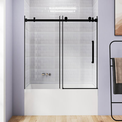 56-60 "x H 60" sans cadre | Simple coulissant | Porte de douche de baignoire | Verre transparent 1/4 de pouce avec film antidéflagrant | Poignée en acier inoxydable | Rail carré | Noir mat