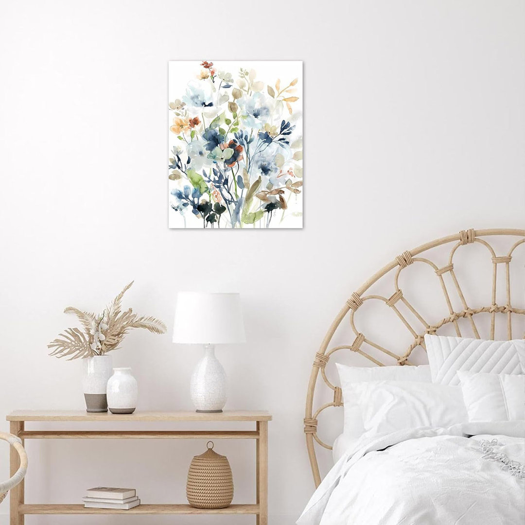 Watercolor Floral Canvas Wall Art Blue Watercolor Flower And Green Leaf Nature Botanical Art Wall Decor For Living Room Bathroom Bedroom Rustic Plant