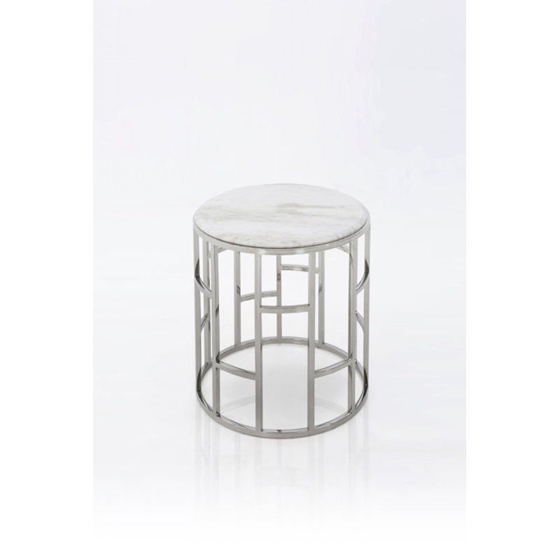 Élégante table de bout ou d'appoint géométrique ronde en marbre argent et blanc
