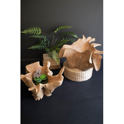  Hand Carved Teak Root Bowl Blooming Design Decorative Tabletop Decor Accent Natural Brown Finish