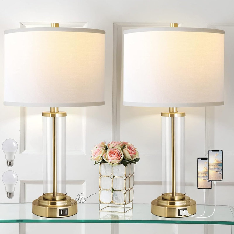 Two Touch-control Table Lamps With Two Usb Ports, A Three-way Dimmable Bedside Lamp With A Cloth Shade, And A Contemporary Nightstand Lamp For The Living Room Or Bedroom (led Bulbs Included)