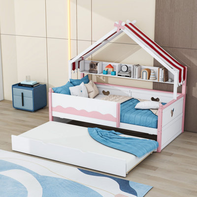 House-Shaped Daybed with Built-In Bookshelf and Trundle