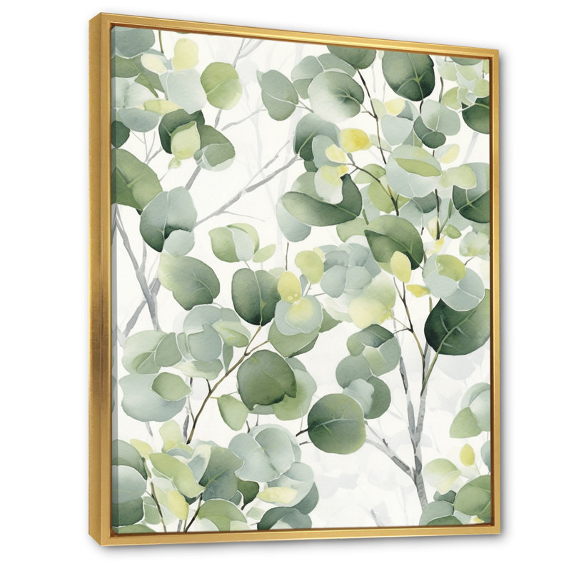 «White Green Minimalisme Eucalyptus Essence IV» sur toile, Cadre flottant doré, H 40 po x l 30 po x P 1,5 po