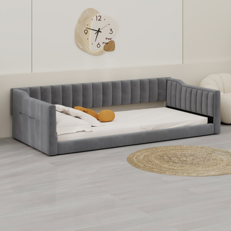 Upholstery Daybed And Side Storage Pocket, Gray