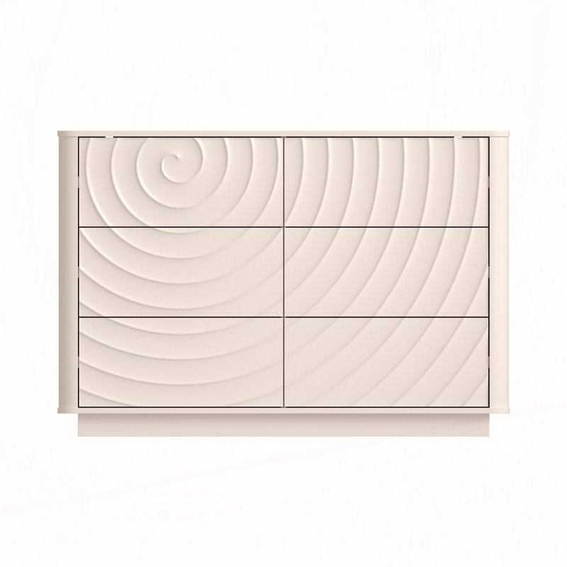 Commode 6 tiroirs moderne avec grain en spirale 3D et conception sans poignée, Off White