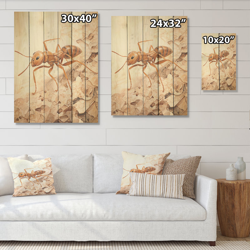 Minimalisme, fourmi, collage beige I - art mural sur bois de pin naturel, H 20 po x l 10 po
