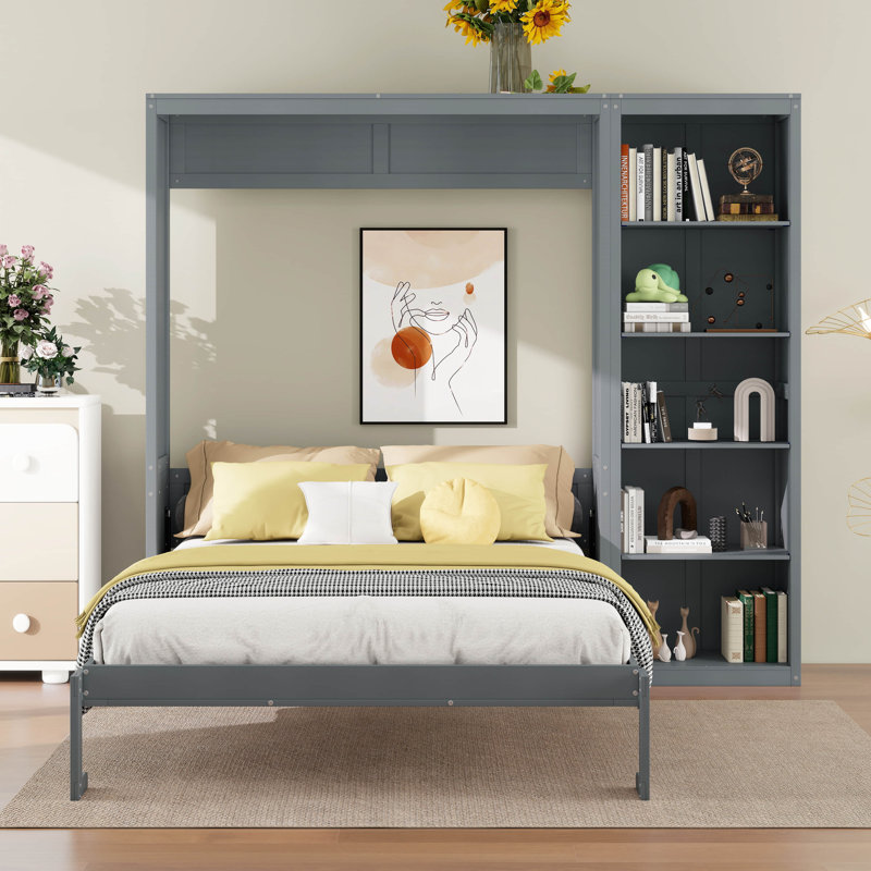 Queen Size Modern Murphy Bed, Space-Saving Wall Bed Frame With Shelves, Foldable Platform Bed, Folded Into Cabinet