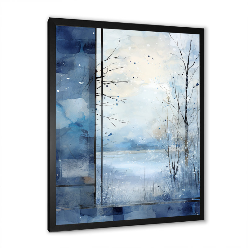 «White and Blue Winter Forest Collage VI», art mural paysage d'hiver, H 44 po x l 34 po x P 1,5 po, Cadre simple noir